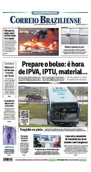 Confira a Capa do Jornal Correio Braziliense do dia 03/01/2024