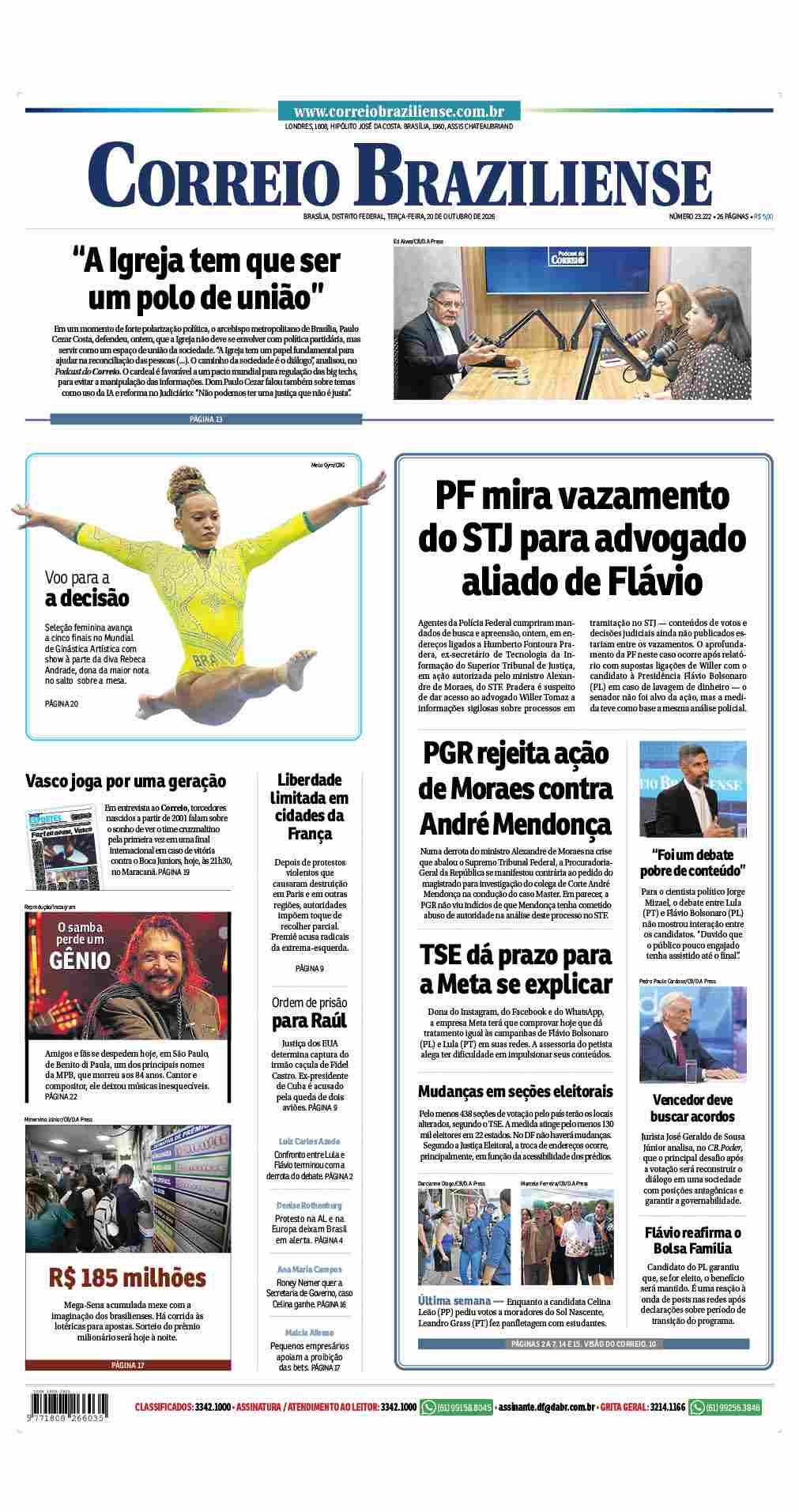 Capa do jornal Correio Braziliense de 20/10/2026